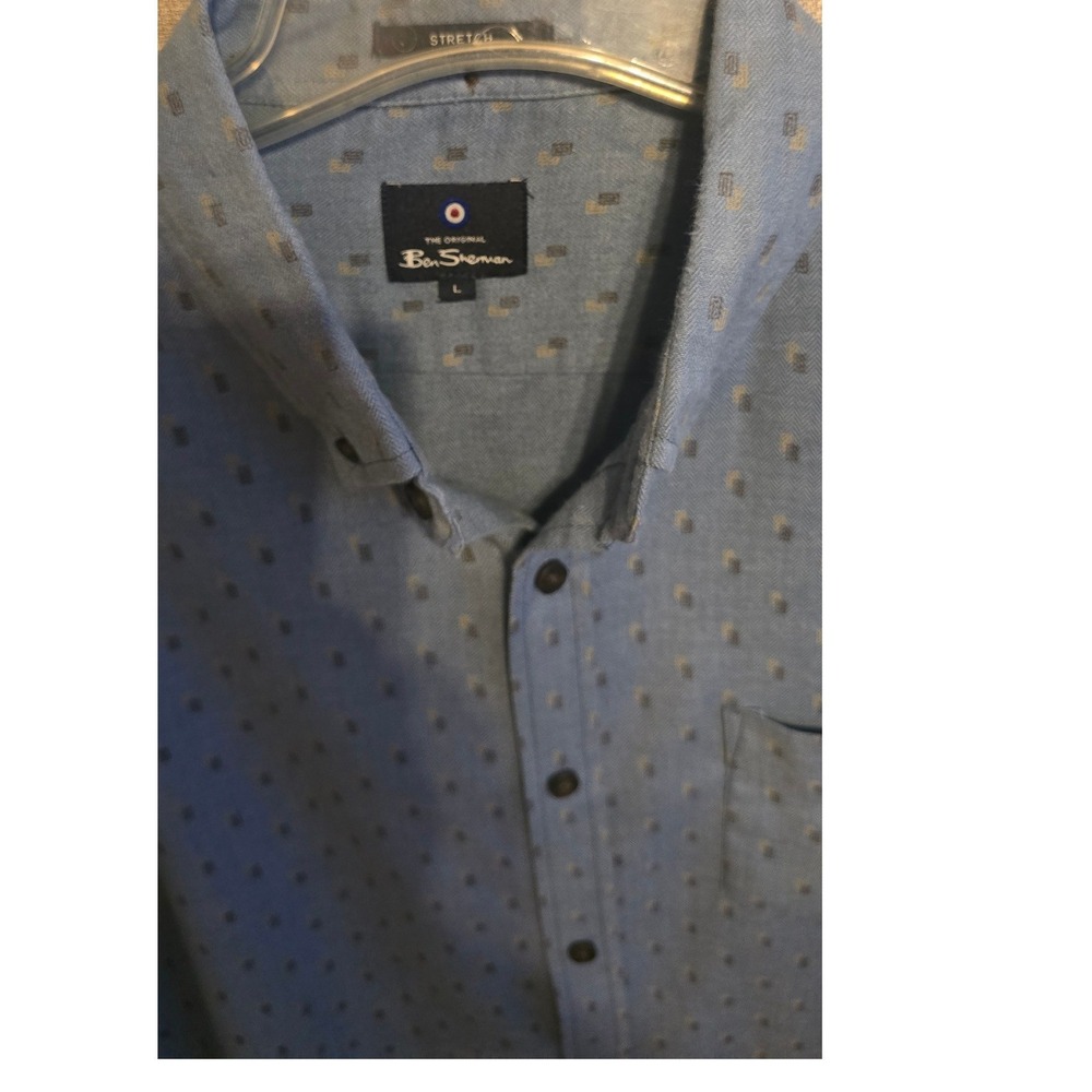 Ben Sherman Mens Blue Herringbone Geometric Stretch Button Down Shirt Large